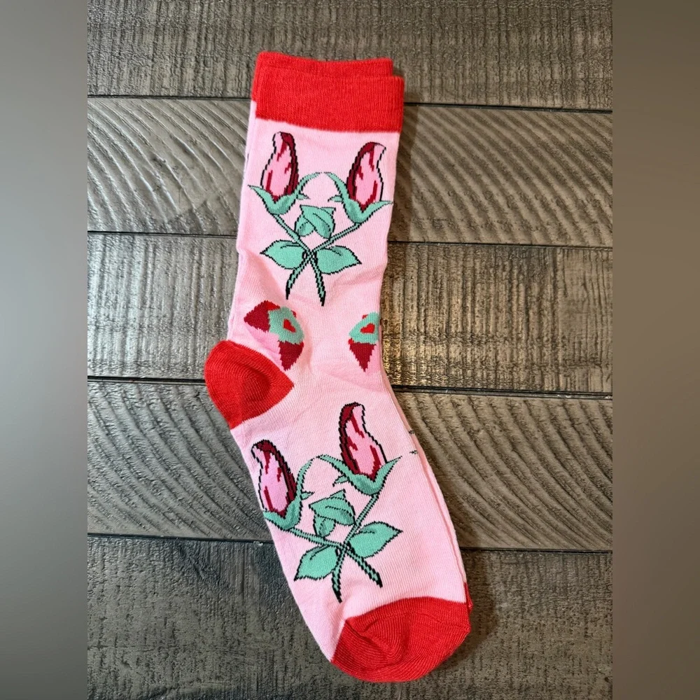 Valentines or Mother Days Socks Pink Red Green Floral Roses and Envelopes Socks